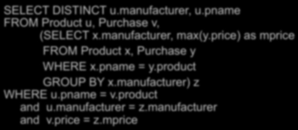 pname FROM Product u, Purchase v, (SELECT x.manufacturer, max(y.price) as mprice FROM Product x, Purchase y WHERE x.