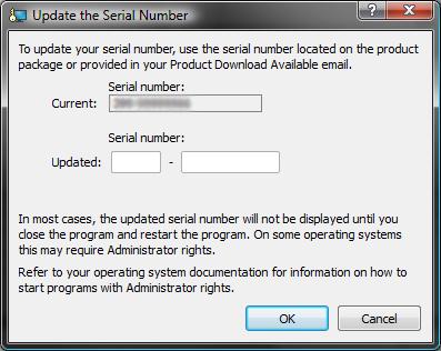 To change the entered serial number, locate and click the Update button immediately to the right of it.
