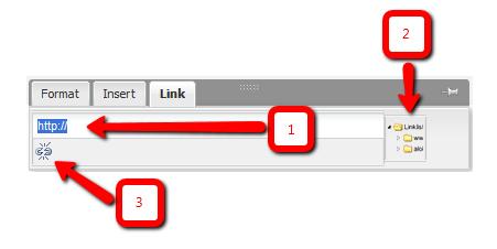 Now you can (1) enter an external URL (like http://gentics.com) or (2) choose a page from the Gentics Content.Node or (3) delete the link-function (refer to Image 34).