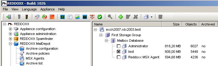 Illustration: Administrator Console Listing Mailboxes 4. Activate the checkbox the mailboxes you want to archive. 5. Right click on one of the selected mailboxes.