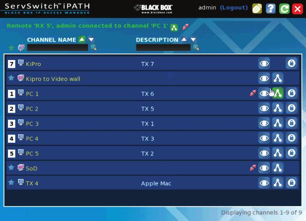 ServSwitch ipath 5.3 The Local OSD screen Once logged in, the list of channels for which you have permission are shown in the Local OSD (blue bars) screen.