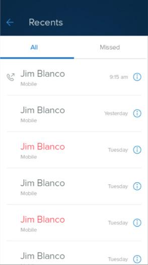 Recent Calls Recent Calls allows you to browse through the previous 25 missed, placed, and received calls in your call log. Tap the Phone icon to call a contact.