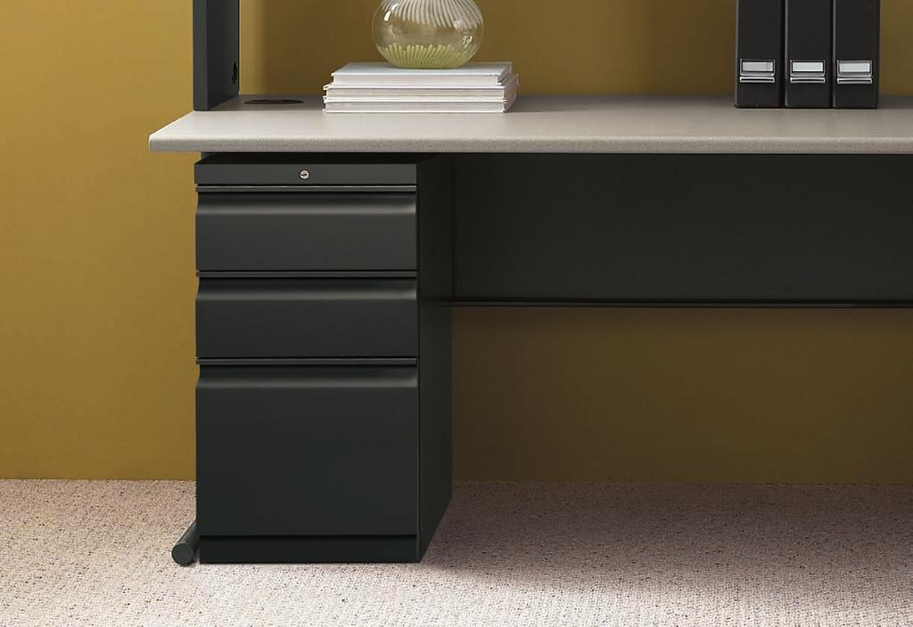 worksurfaces in Shaker Cherry. Storage Brigade pedestal in Charcoal.