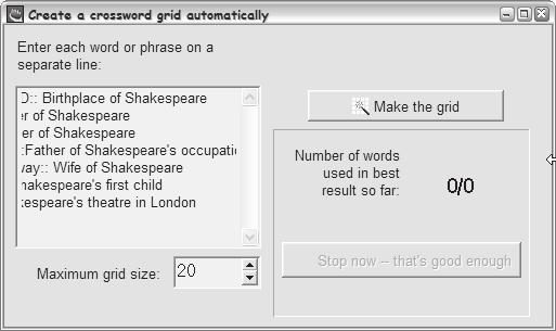 Clicking Make the grid creates a grid of the provided words; this is a dynamic process that, for a complex grid, can be observed in process.