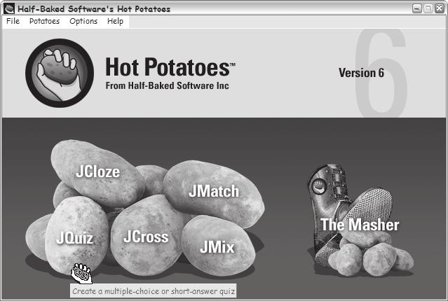 Book 9 Hot Potatoes Starting When Hot Potatoes is started a window opens providing direct access to the five programs that create exercises and The Masher.