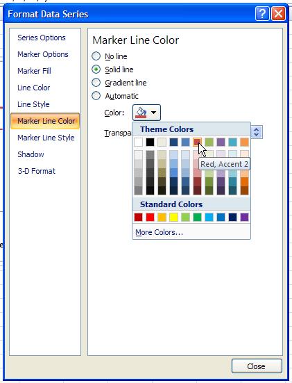 48. Now click on Marker Fill, Solid Fill, and pick a color. This will change the color inside the circle we just chose. 49. Click on Marker Line Color, Solid Line, and pick a color.