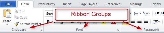 Ribbon Tabs Ribbon tabs replaced the old menus and toolbars of 2003. Click on any of the ribbon tabs to see commands and buttons organized in groups.