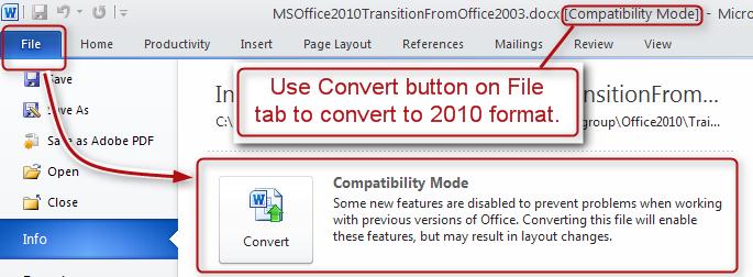 Compatibility Mode When opening a document, spreadsheet or presentation that was created in 2003, you will see the words Compatibility Mode next to the file name on the title bar.