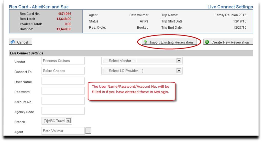 When a reservation is booked and confirmed in a Live Connect provider booking site, click Import Reservation. All reservation data booked on-line is now located in ClientBase.