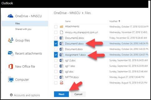 10. In the left pane you should see an OneDrive file directory and your computer s file directory. Your OneDrive files will be displayed to the right. Check off the files you would like to be sent.