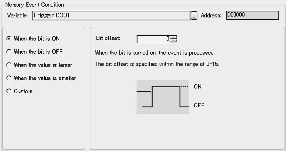 Setting Memory Events Section 11-2 Memory Event Condition Item When the bit is ON When the bit is OFF When the value is larger When the value is smaller Custom Event Processing Description The event