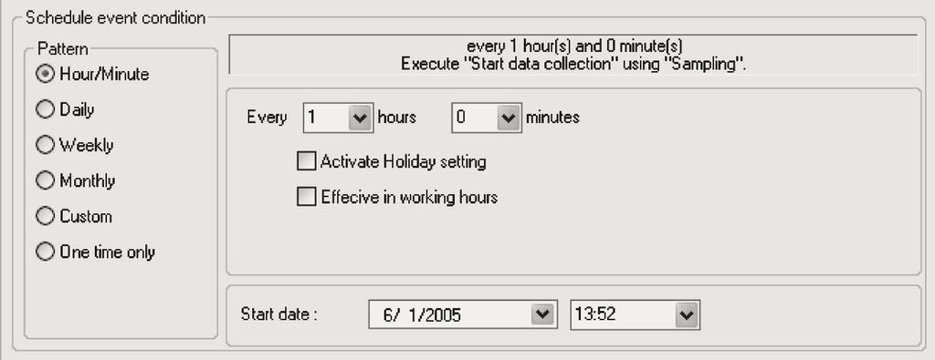 Setting Schedule Events Section 11-3 Enable this rule Schedule event condition Event processing Item Hour/Minute Daily Weekly Monthly Custom One time only Details When deselected, the schedule event