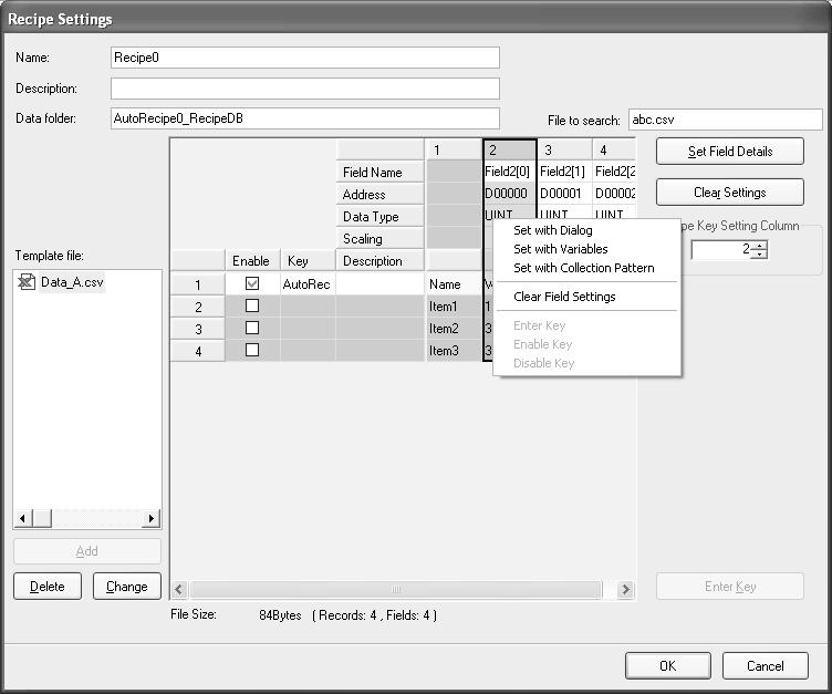 Setting the Recipe Writing Addresses for Variable Format Section 13-7 2. Set the field parameters in the Field Settings Dialog Box. The following table describes the field parameters.