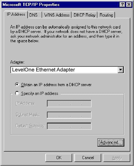 PC Configuration Figure 15: Windows NT4.0 - IP Address 3. Select the network card for your LAN. 4.