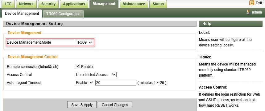 setting the Device Management Mode as TR069, you must also