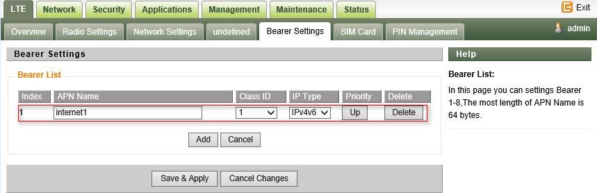 APN Setting-Bearer configure The Bearer List is design for the operator to configure the APN.