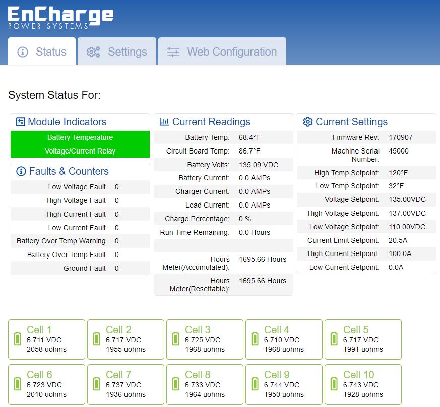 8.2 Status page Shows the status of the battery cell monitor.