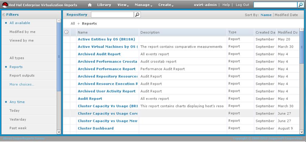 Reports and Data Warehouse Guide Filter Description Available Resources Select from All, Modified by me, or Viewed by me.