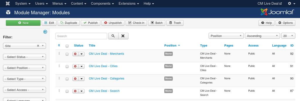 CHAPTER 16 CM Live Deal Cities module CM Live Deal Cities module is used to display a list of all published cities. To configure the module, you go to Extensions -> Module Manager. Joomla!