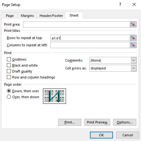 21. Click the Sheet tab. 22. Click the boxes next to Gridlines and Row and column headings to add them.