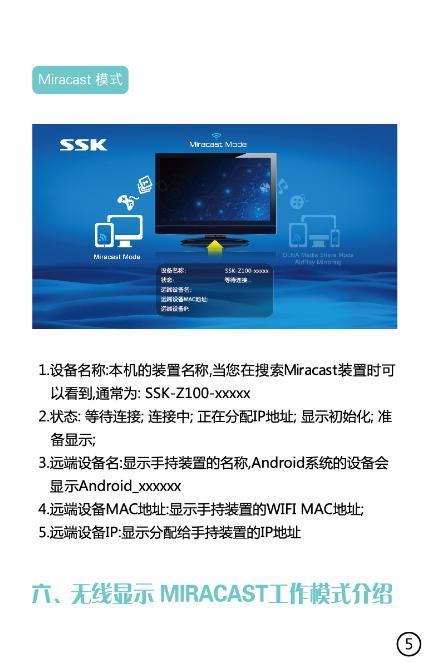 Miracast mode: 1. Item name: SSK-Z100-XXXXX can be seen when you search for Miracast products; 2. Status: Waiting for connection, connecting, assigning IP, initializing display, ready to display; 3.