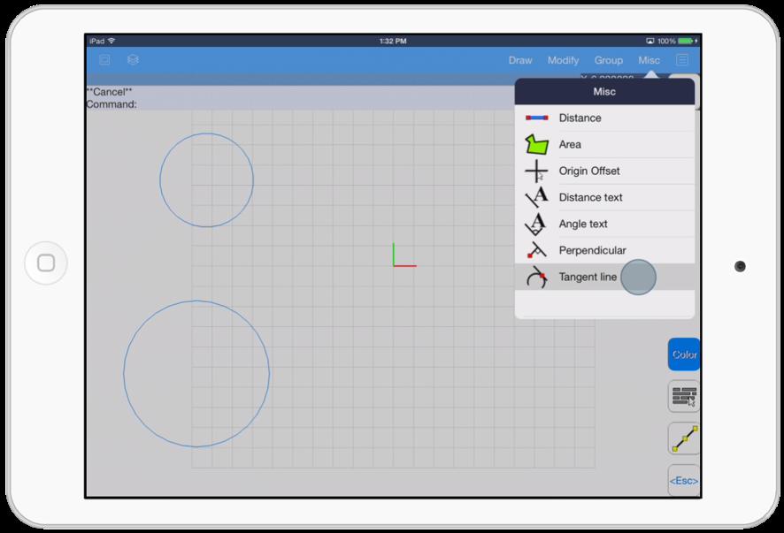 The Tangent line tool has these options: Select circle/arc.