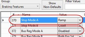 5. Next, use the Groups drop down list, expand Drive Cfg and select Braking Features. Change or verify the following parameters: 370 Stop Mode A Ramp 372 Bus Reg Mode A Disabled 6.