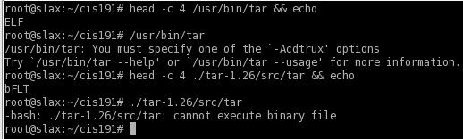 Compiling for arm-elf Result: Native tar is in ELF format, cross-compiled is bflt format