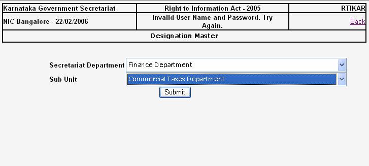 SCR-006: The screen below shows list of different designations created for the sub unit Commercial Taxes under the Secretariat Department Finance department.