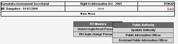 login ID and Password. SCR-022: On click of RTI masters following menu screen appears for DIO login.