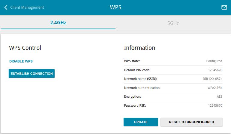 WPS On the Wi-Fi / WPS page, you can enable the function for configuration of the WLAN and select a method for connection to the WLAN.
