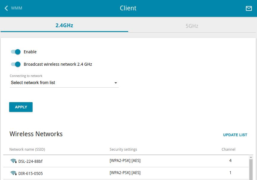 Client On the Wi-Fi / Client page, you can configure the router as a client to connect to a wireless access point or to a WISP. To configure the 2.4GHz band or 5GHz band, go to the relevant tab.