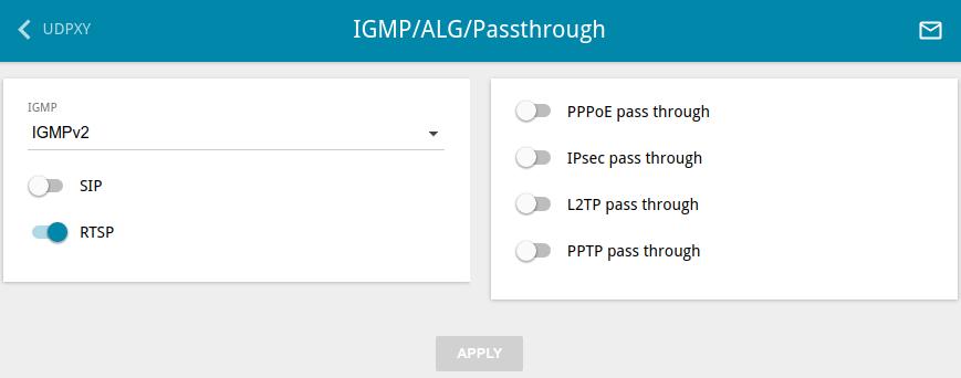 IGMP/ALG/Passthrough On the Advanced / IGMP/ALG/Passthrough page, you can allow the router to use IGMP and RTSP, enable the SIP ALG and PPPoE/PPTP/L2TP/IPsec pass through functions.