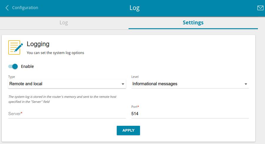Log On the System / Log page, you can set the system log options and configure sending the system log to a remote host. Figure 131. The System / Log page. The Settings tab.