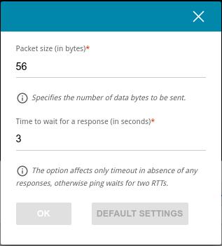 Figure 134. The System / Ping page. The additional settings window. In the opened window, in the Packet size field, specify the volume of data sent in a request.