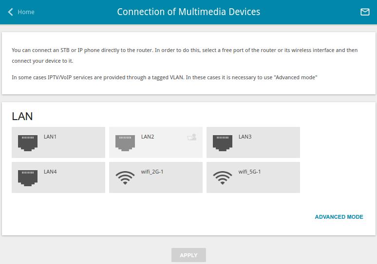 Connection of Multimedia Devices The Multimedia Devices Connection Wizard helps to configure LAN ports or available wireless interfaces of the router for connecting additional devices, for example,