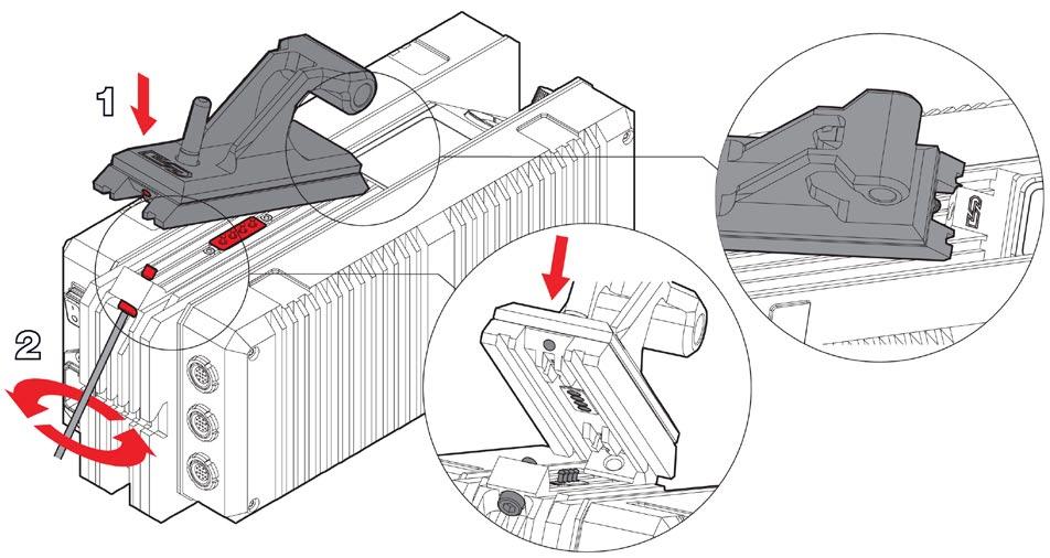 A communication module is mounted to the accessory port on top of the PSU. Every communication module has a guide pin underneath, which should be aligned with the PSU mounting hole (1).