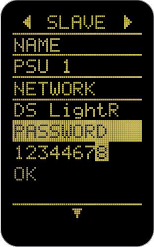 To enter the Wi-Fi password (if required), similarly to other type-in operations, use the Left and Right keys to move between character positions, and use the rotary
