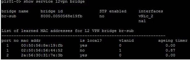 show service l2vpn bridge - The number of interfaces depends on the number of L2 VPN clients. In below output, a single L2 VPN client (na1) is configured. Port1 refers to vnic_2.