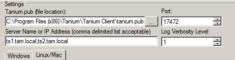 Deploy the client to the Tanium Platform Windows host systems 1. Under Settings, specify: Tanium pub file Server Name Port Type or browse to the Tanium Server public key file.