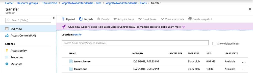 license file to your provisioned cloud storage and copy it to the Blob called transfer.