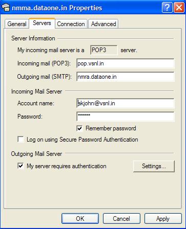 Step 6: Click Severs (Figure - 24) Step 7: Provide incoming mail (POP3) as the Server Name of ISP/VSNL. Step 8: Provide Out Going mail (SMTP) as the DATAONE Server Name i.e. nmra.dataone.