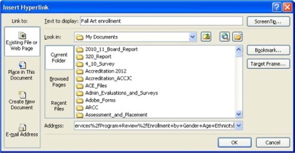 Return to the Word document and use the left mouse button to select the address field in the Insert Hyperlink text box.