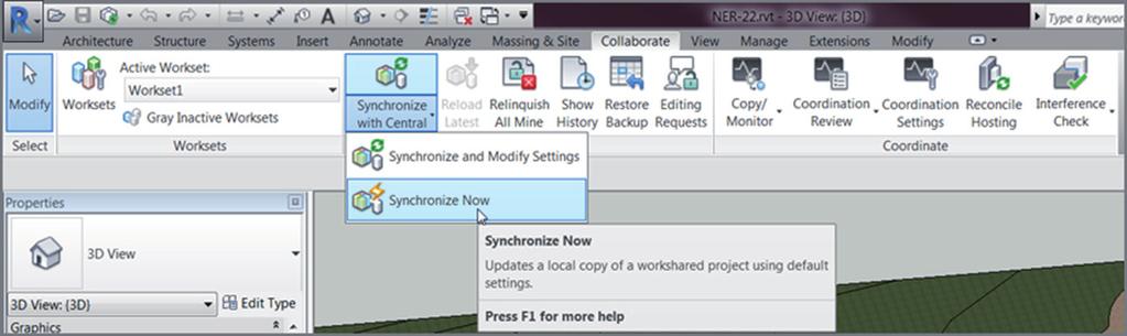 On the Quick Access toolbar, the Synchronize button is now available. Because this is the central model, the Save icon is inactive. F i g u r e B C 8. 7 : Choosing Synchronize Now 8.