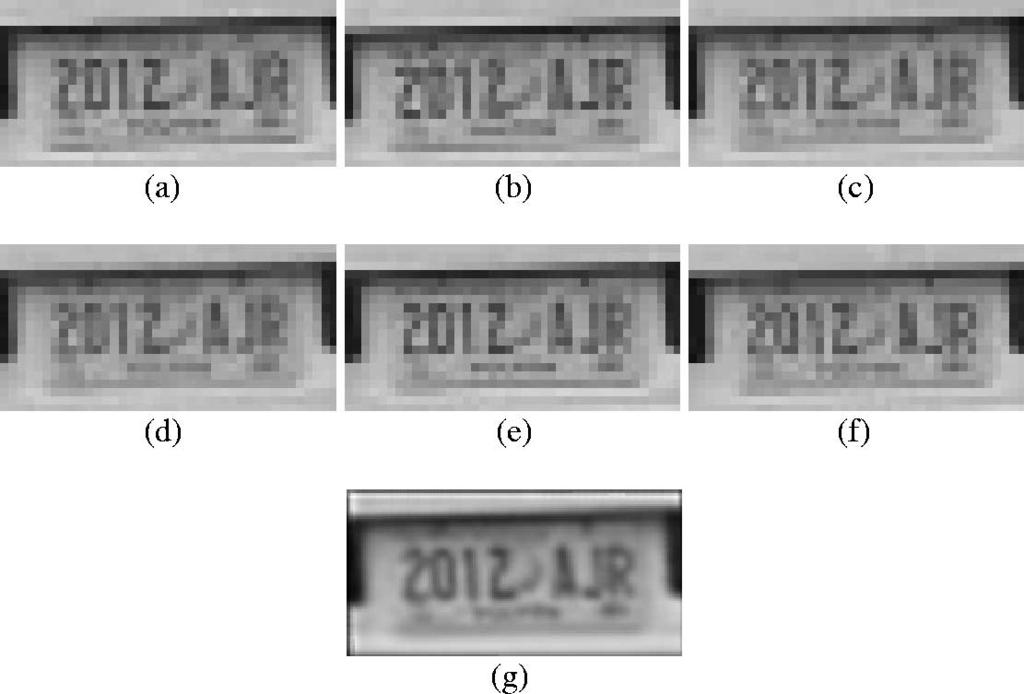 40 IEEE TRANSACTIONS ON IMAGE PROCESSING, VOL. 13, NO. 1, JANUARY 2004 Fig. 6. Results for LICENSE PLATE sequence; quantization factor is 0.25; enhancement factor is four.