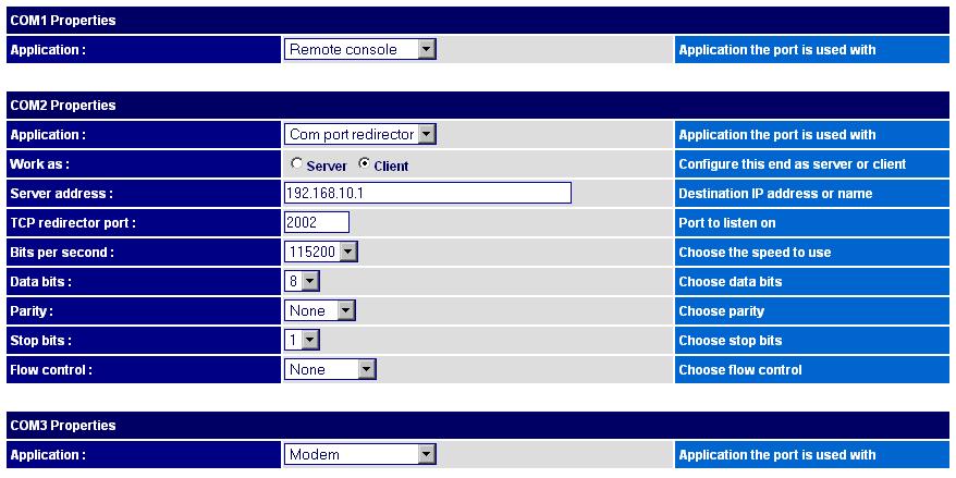 Menu Items - System 2.2.4. Com Ports In this section you can configure with which application each of the three COM ports is used.