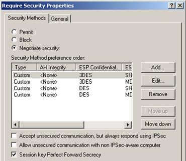 From the Security Methods tab, verify that the Negotiate security option is enabled, and deselect the Accept unsecured communication, but always respond using IPSec check box.