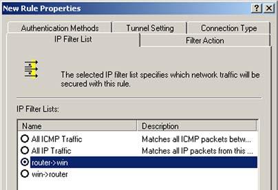 10. Go to the IP Filter List tab, and click the filter list Router->win. Figure C-19: IP Filter List Tab 11.