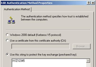 13. Change the authentication method to Use this string to protect the key exchange (preshared key), and enter the preshared key string,