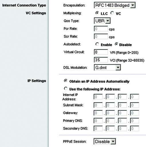 RFC 1483 Bridged VC Settings. You will configure your Virtual Circuit (VC) settings in this section. Multiplexing. Select LLC or VC, depending on your ISP. QoS Type.